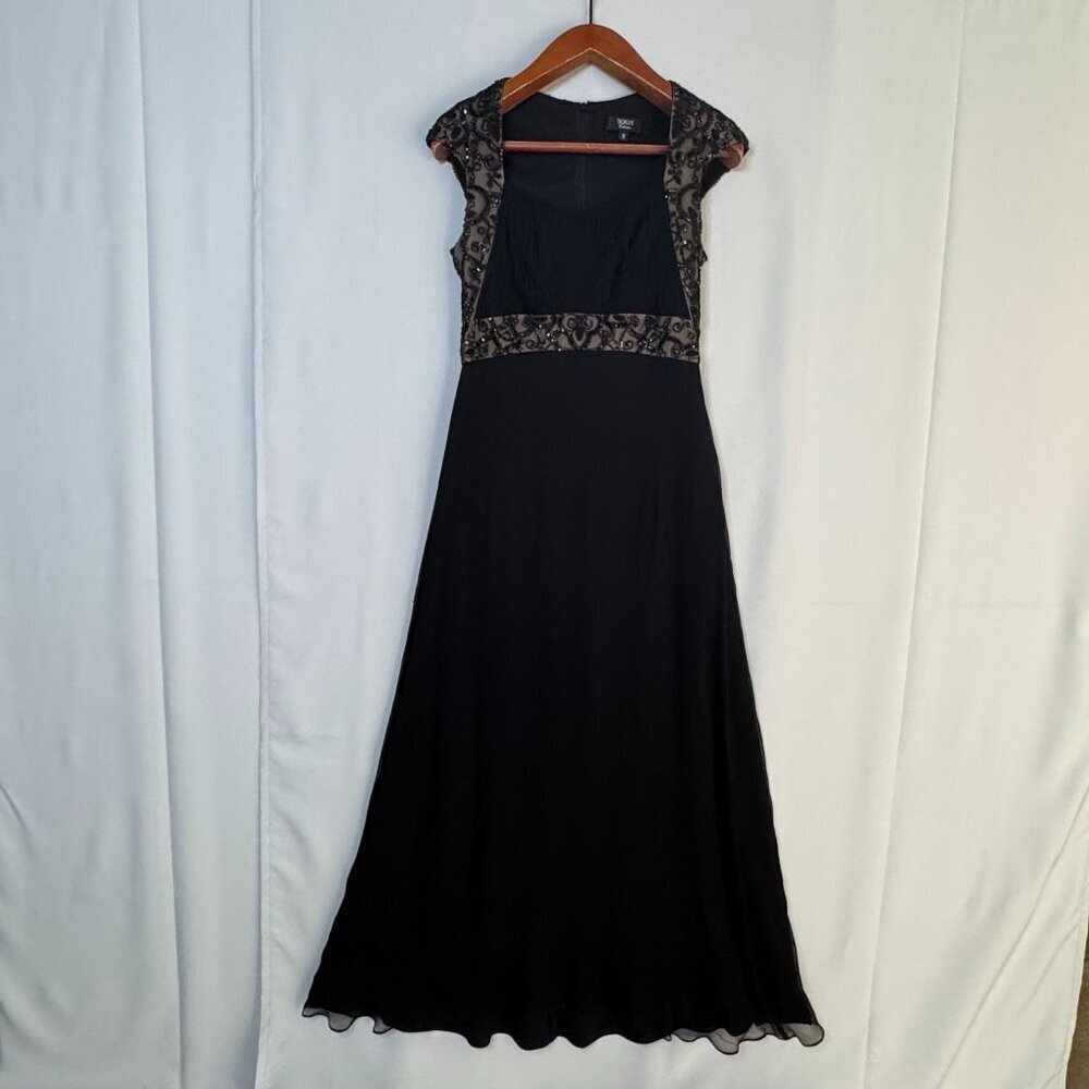 TADASHI Collection Black Silk Nude Beaded Sequin Bodice Formal Maxi Gown Size 12